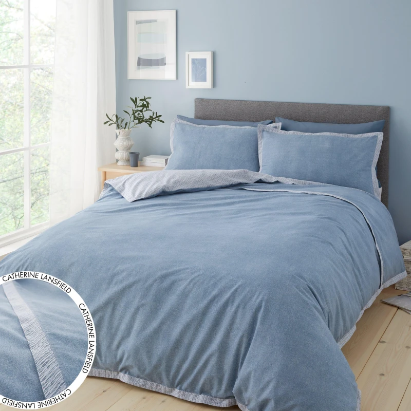 Image of Catherine Lansfield Oslo Textured Trim Duvet Cover & Pillowcase Set Denim Blue