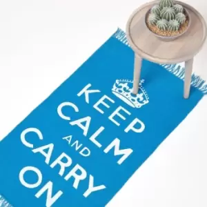 Image of Keep Calm And Carry On Blue White Rug Hand Woven Base, 60 x 100cm - Blue & white - Blue & white - Homescapes