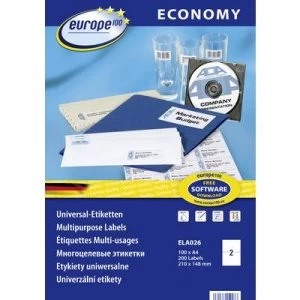 Image of Europe 100 ELA026 Labels 210 x 148.5mm Paper White 200 pc(s) Permanent All-purpose labels Inkjet, Laser, Copier 100 Sheet A4