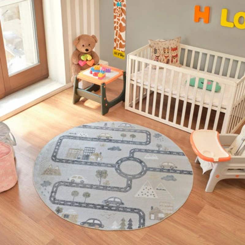 Image of Livabliss Round Kids Machine Washable Blue/grey Bedroom Vroomville Area Rug 160 X 160 Cm - Easy Care, Soft & Safe Rug For Kids Spaces
