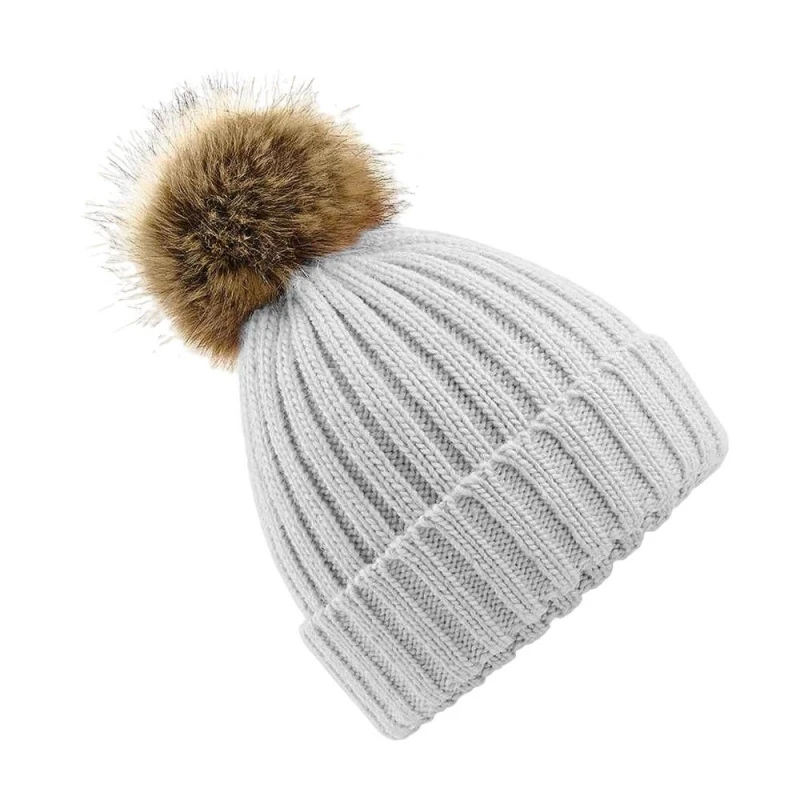 Image of Beechfield Beechfield Fur Pop Pom Chunky Beanie in Light Grey Light Grey One Size Unisex 5063470759163