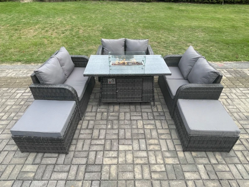 Image of Fimous 8 Seater Rattan Outdoor Garden Furniture Sofa Set Gas Fire Pit Dining Table Gas Heater with Love Sofa 2 Big Footstool Dark Grey