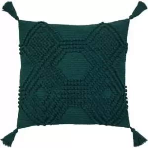 Image of Furn Halmo Diamond Woven Loop Tasselled Cushion Cover, Teal, 45 x 45 Cm