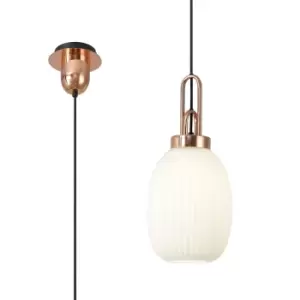 Image of Yorktown Ceiling Pendant E27 With 20cm Almond Ribbed Glass, Opal Copper, Matt Black