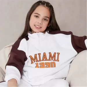 Image of I Saw It First Girls Varsity Miami 1990 Slogan Funnel Neck Colourblock Sweatshirt - White