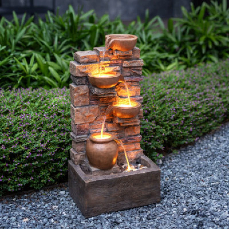Image of Teamson Home Outdoor 28.5'' 4 Tier Cascading Bowl Stacked Stone Fountain Yard Decor Brown, Brown FT0724BRR-UK