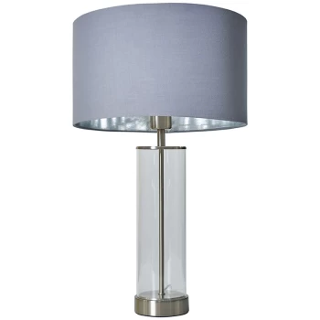 Image of Brushed Chrome & Clear Tube Table Lamp With Large Lampshade - Grey & Chrome