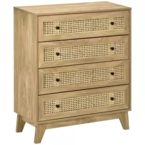 Image of HOMCOM Storage Cabinet, 4-Drawer Unit with Rattan Element for Bedroom, Living Room, 80cmx35cmx95cm, Wood Effect