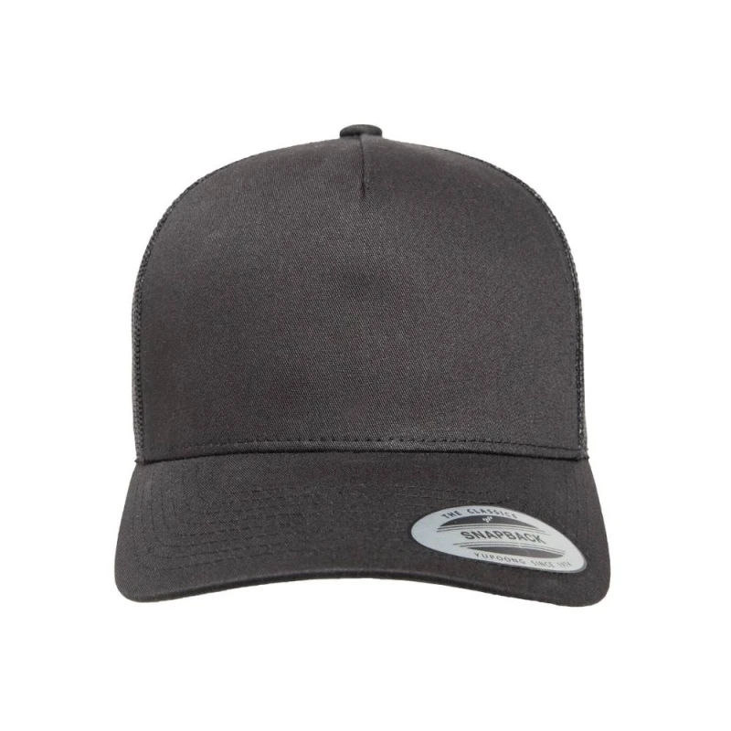 Image of Flexfit by Yupoong 5 Panel Retro Trucker Cap in Black Unisex One Size