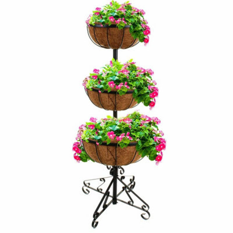 Image of Gr8 Garden 3 Tier Flower Fountain Coco Liner Black Metal Planter Plant Pot Black unisex