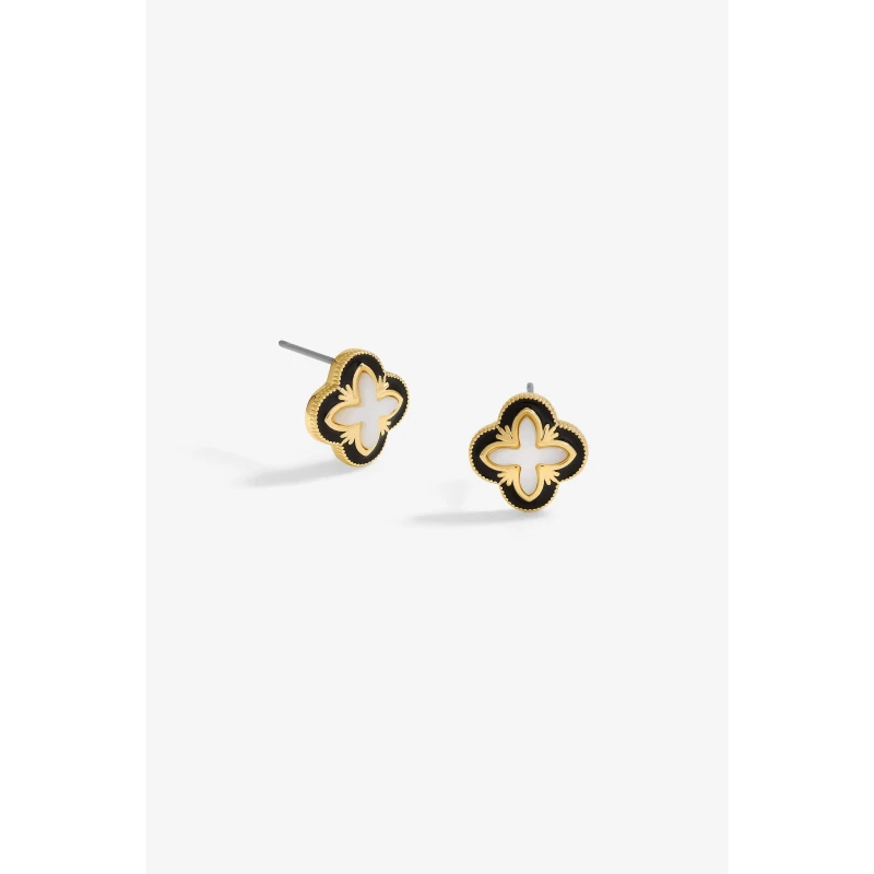 Image of Inicio Gold Plated Jet Enamel And Mother Of Pearl Clover Earrings - Gift Pouch Gold