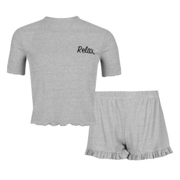 Image of Fabric Waffle Cotton Frilly Shorts Pyjama Set with Relax Slogan - Grey/Nude
