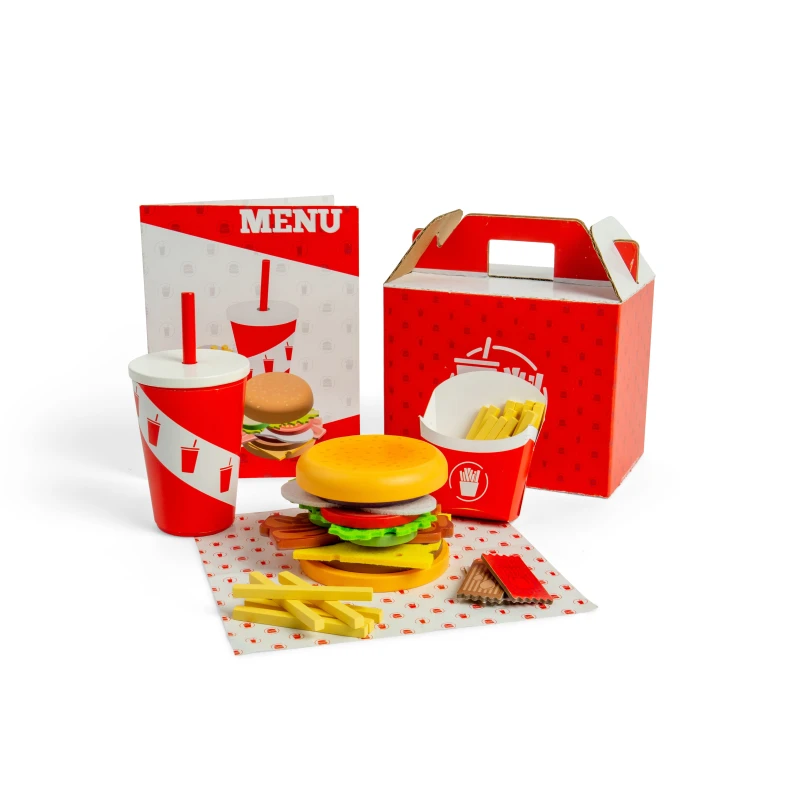 Image of Bigjigs Toys Set di hamburger e patatine fritte 48 pezzi giocattolo in legno per bambini set da cucina e accessori regalo ecologico per bambini et
