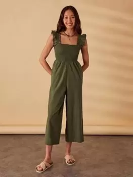 Image of Accessorize Khaki Texture Frill Shoulder Jumpsuit, Green, Size 12, Women