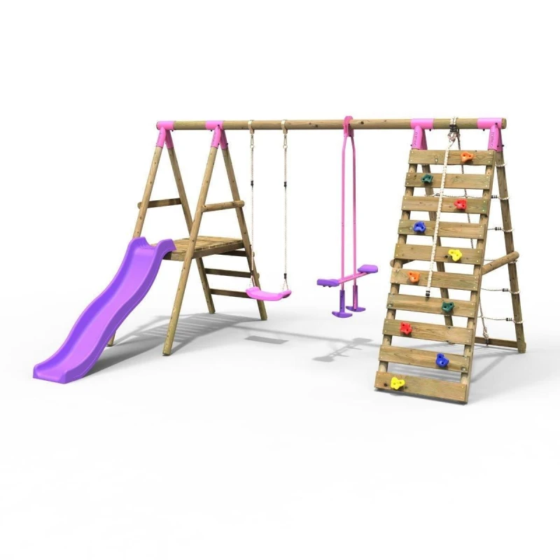 Image of Rebo Wooden Swing Set with Glider, Slide and Climbing Wall - Obsidian Pink Pink
