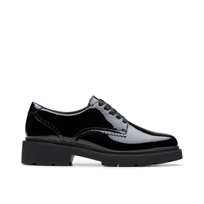 Image of Clarks Eris Pure Youth Black Patent Derby Shoes, Lace Up, School Shoes Size: 3.5-Standard Fit Black Unisex 3.5-Standard Fit