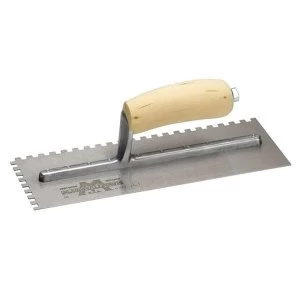 Image of Marshalltown M702S Notched Trowel Square 1/4in Wooden Handle 11 x 4.1/2in