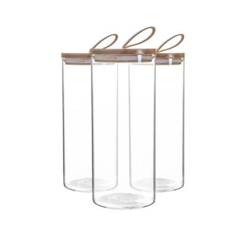 Image of Argon Tableware Glass Storage Jars with Wooden Lids Leather Loop 1.5 Litre Pack of 3 Clear
