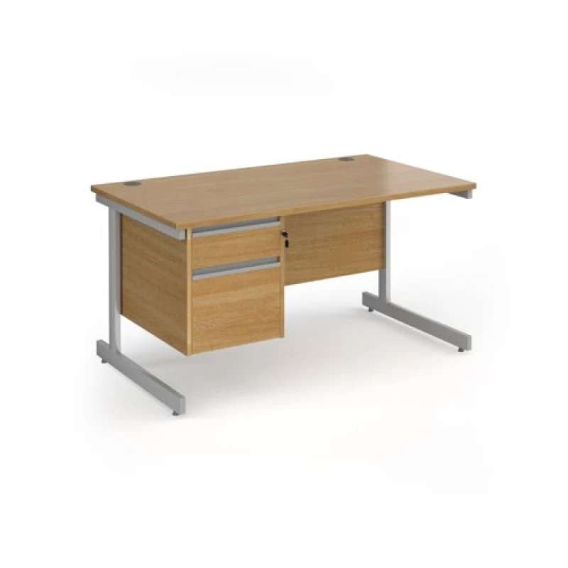 Image of Contract 25 Office Desk Rectangular Desk 1400mm With Pedestal Oak Top With Silver Frame 800mm Depth Contract 25 CC14S2-S-O Oak CC14S2-S-O