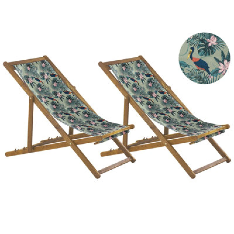 Image of Beliani Set Of 2 Folding Deck Chairs Anzio With Replacement Fabrics Animal Motif Acacia Wood Light Brown
