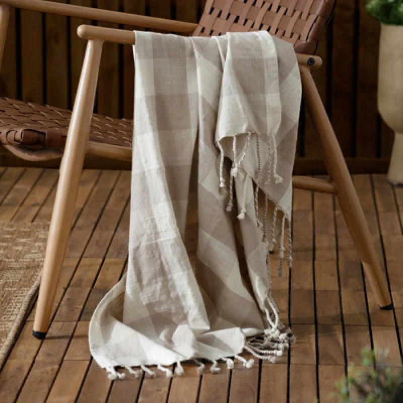 Image of Yard Chesil Check Tasselled 100% Cotton Throw Natural 130 X 170Cm, Cream 5025532825568.00