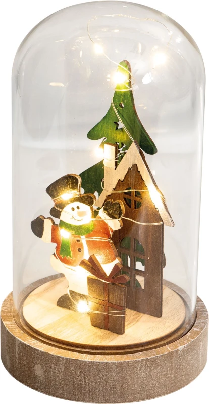 Image of St Helens Light Up Cloche Snowman Christmas Scene with Glass Dome and Wire LED Lights Battery Powered ELV-311377