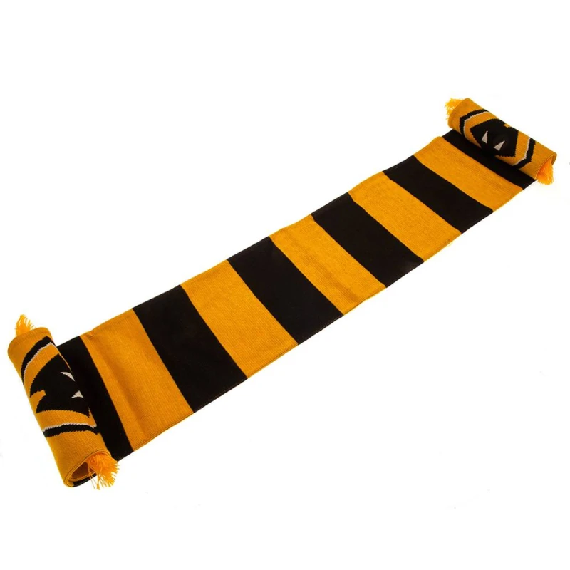Image of Wolverhampton Wanderers FC Mens Jacquard Knitted Scarf with Fringe Stripe Detail in Black Male One Size
