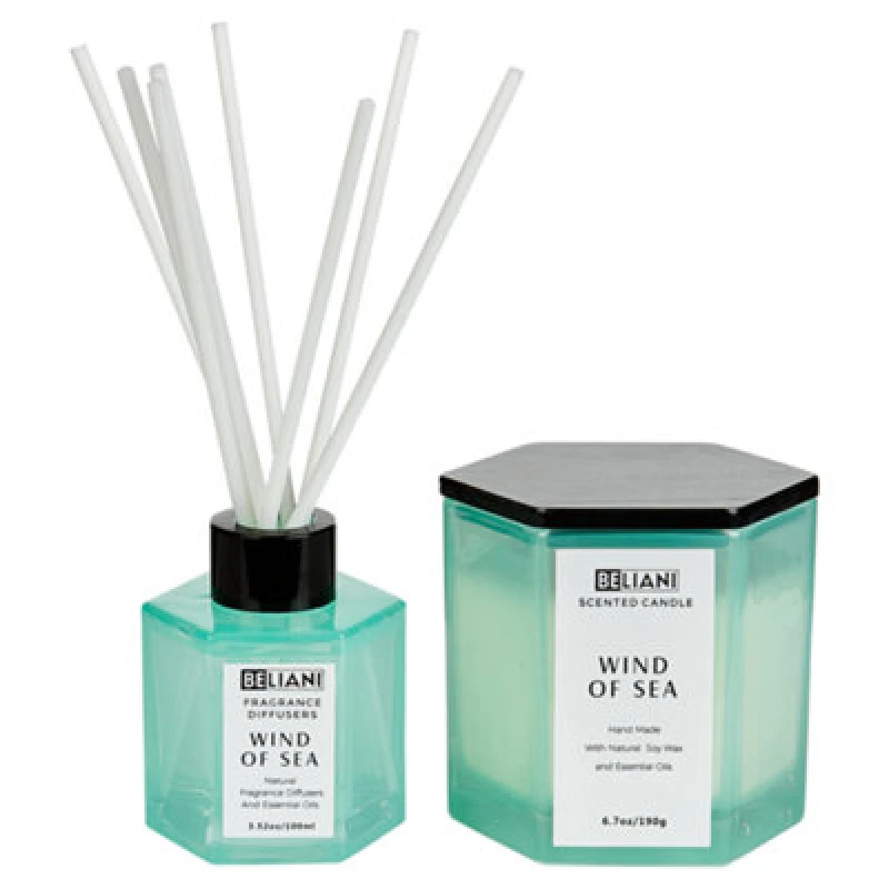Image of BELIANI Beliani - Set of Scented Candle and Fragrance Stick Diffuser 100% Soy Wax Cotton Wick Glass Fresh Wind of Sea Classy Tint 408922