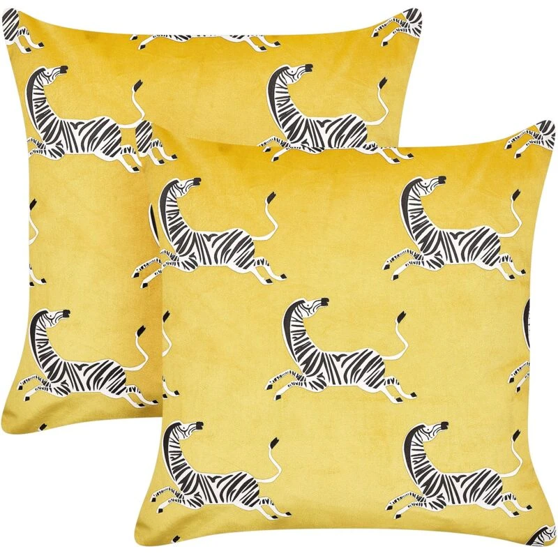 Image of Beliani Set Of 2 Decorative Cushions Aconitum Velvet 45 X 45cm Yellow Animal Pattern