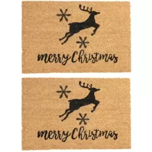 Image of Nicola Spring Christmas Coir Door Mats - 60 x 40cm - Reindeer - Pack of 2