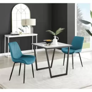 Image of Furniturebox Carson White Marble Effect Square Dining Table & 2 Blue Pesaro Black LegVelvet Chairs