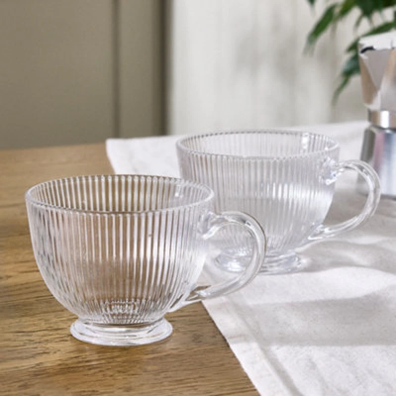 Image of Dibor Set Of 2 Embossed Footed Glass Coffee Mug Clear Tea Cups 400Ml