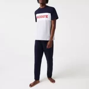 Image of Lacoste Mens Colourblock Stretch Cotton Long Pyjama Set Size 3 - S Grey Chine / Navy Blue / White / Red