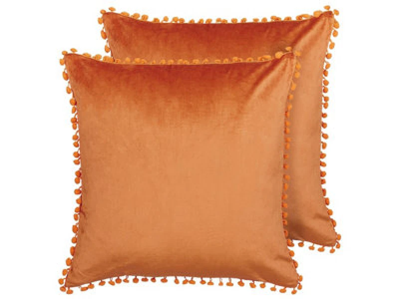 Image of Beliani Set Of 2 Decorative Cushions Aerangis Velvet 45 X 45cm Orange Solid