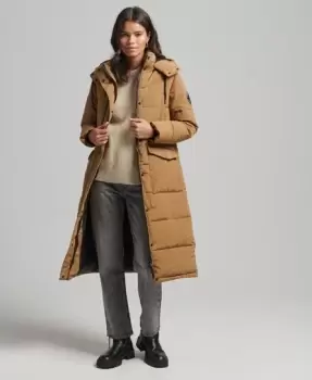 Image of Superdry Womens Everest Longline Puffer Coat Brown / Sandstone - Size: 12