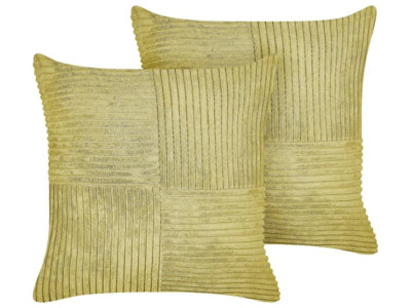 Image of Beliani Set Of 2 Decorative Cushions Millet Corduroy 43 X 43cm Olive Green Geometric Pattern