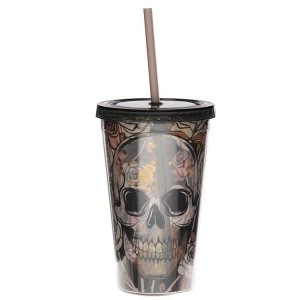 Image of Skulls and Roses Plastic 500ml Double Walled Reusable Cup with Straw and Lid
