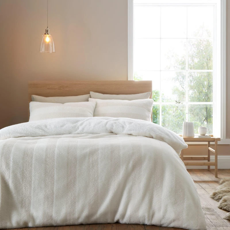 Image of Bianca Cosy Soft Stripe Faux Fur Duvet Cover Set Duvet Covers Single Cream 42132169010