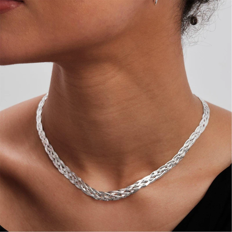 Image of Simply Silver Recycled Sterling Silver 925 Herringbone Braided Necklace Silver