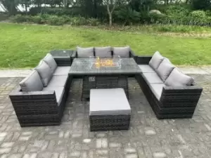 Image of Fimous 9 Seater Outdoor Dark Grey Rattan Lounge Complete Sofa Set with Gas Fire Pit, Heater and Big Footstool