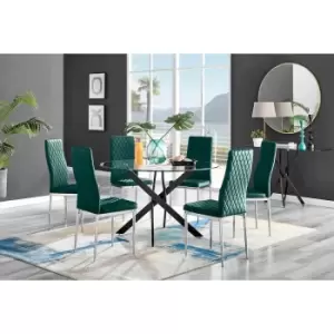 Image of Furniture Box Novara Black Leg 120Cm Round Glass Dining Table and 6 Green Velvet Milan Chairs