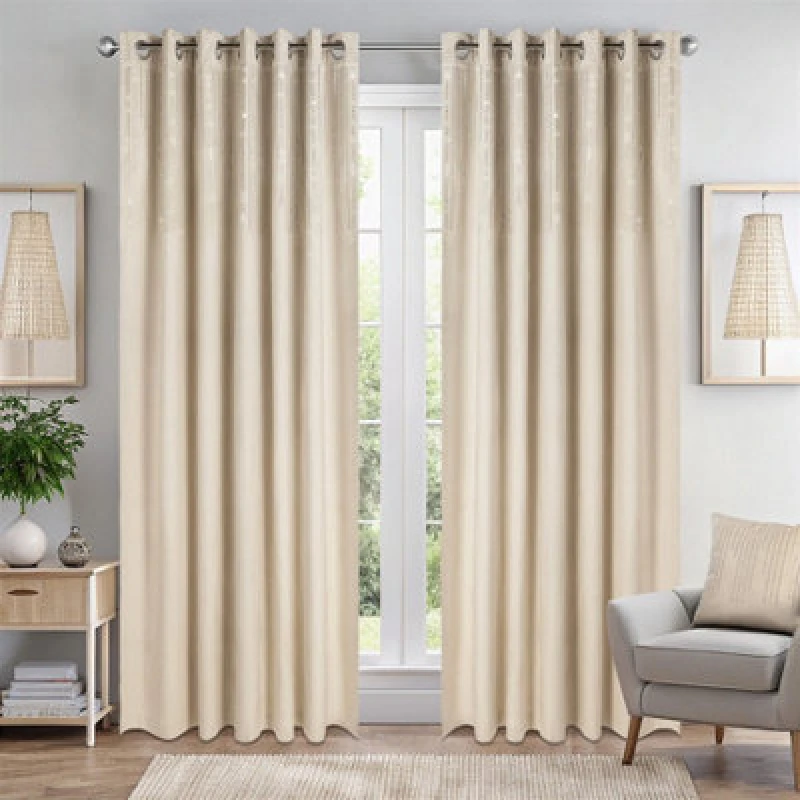 Image of Luxury Living Triple Woven Blackout Velvet Ring Top Curtains With Cascading Diamante Studs 117Cm X 137Cm Cream