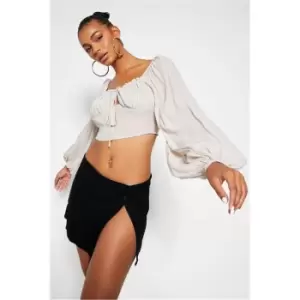 Image of I Saw It First Stone Linen Tie Front Balloon Sleeve Crop Top - Brown