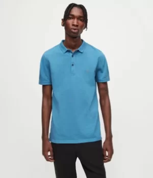 Image of AllSaints Mens Reform Short Sleeve Polo Shirt, Cornflower Blue, Size: M