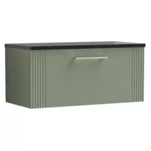 Image of Deco Satin Green 800mm Wall Hung Single Drawer Vanity Unit with Sparkling Black Laminate Worktop - DPF896LSB - Satin Green - Nuie