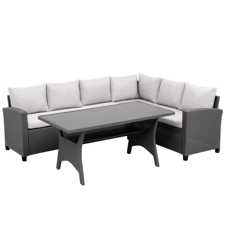 Image of Moderna MMT Grey Rattan L-Shaped 6-Seater Dining Set with Table, 2.36m x 1.79m Grey Unisex