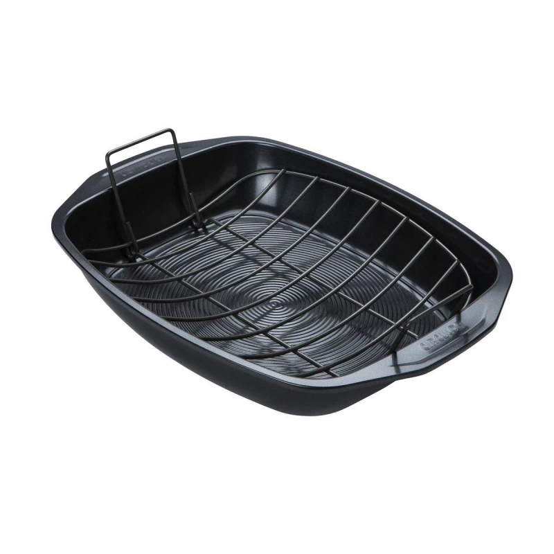 Image of Circulon Black 'Ultimum BW' Rectangular Steel Roaster with Rack - 15.5 x 12" Black