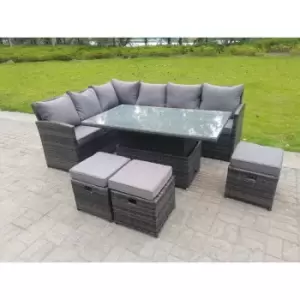 Image of Fimous 6 Seater Outdoor Dark Grey Rattan Lounge Complete Sofa Set with Adjustable Table and 3 Stools