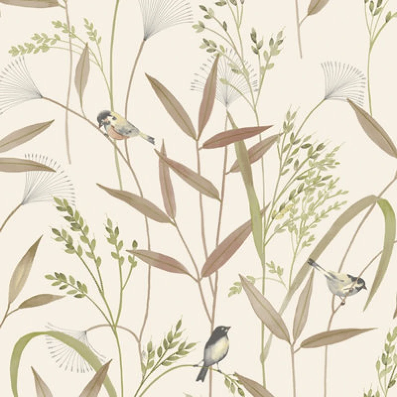 Image of Grandeco Azuria Birds And Grasses Textured Wallpaper Beige