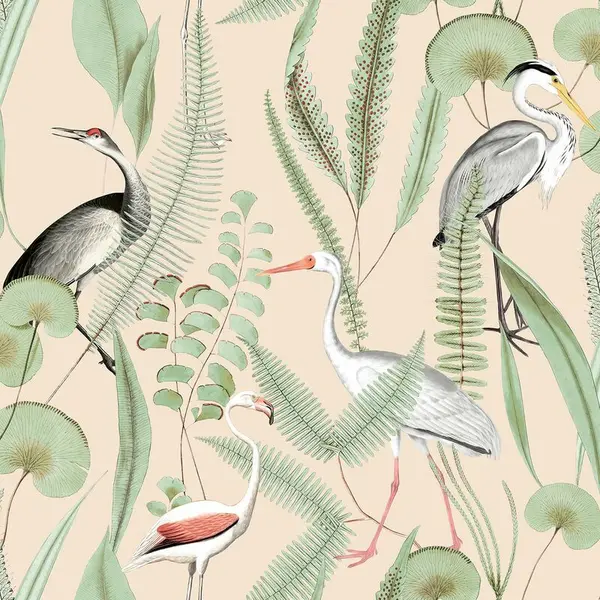 Image of MURIVA Muriva - Kivu Wallpaper Birds Tropical Floral Cream Green Natural WL-M37403